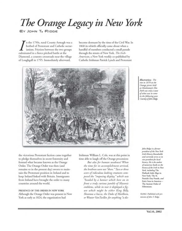Page 1 of article: " The Orange Legacy in New York", from Volume V16 of the New York Irish History Roundtable Journal