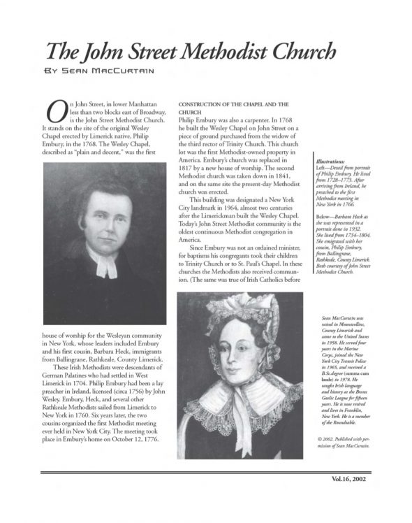 Page 1 of article: " The John Street Methodist Church", from Volume V16 of the New York Irish History Roundtable Journal