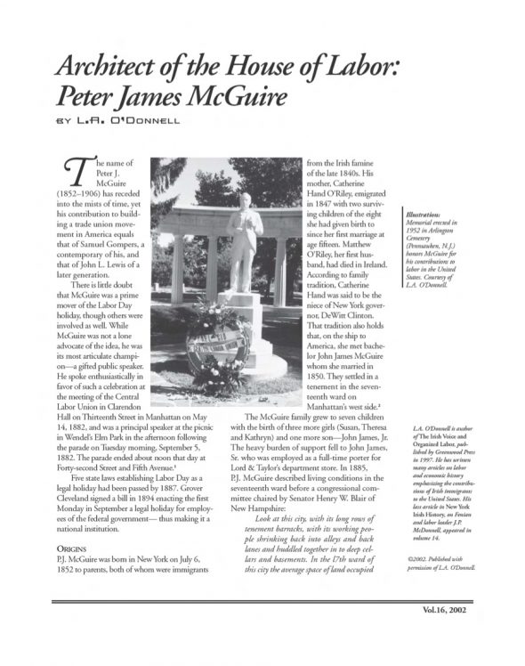 Page 1 of article: " Architect of the House of Labor", from Volume V16 of the New York Irish History Roundtable Journal