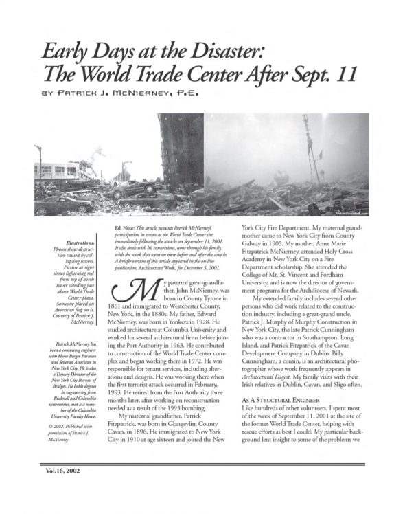 Page 1 of article: " Early Days at the Disaster - The World Trade Center after Sept. 11", from Volume V16 of the New York Irish History Roundtable Journal