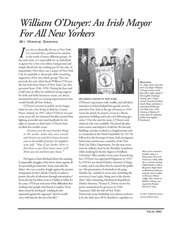 Page 1 of article: " William O’Dwyer - An Irish Mayor for All New Yorkers", from Volume V16 of the New York Irish History Roundtable Journal