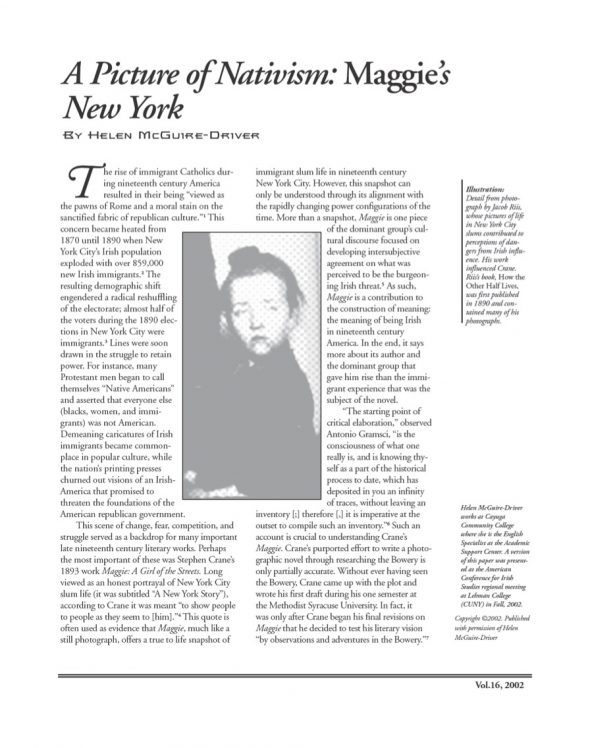 Page 1 of article: " A Picture of Nativism - Maggie’s New York", from Volume V16 of the New York Irish History Roundtable Journal