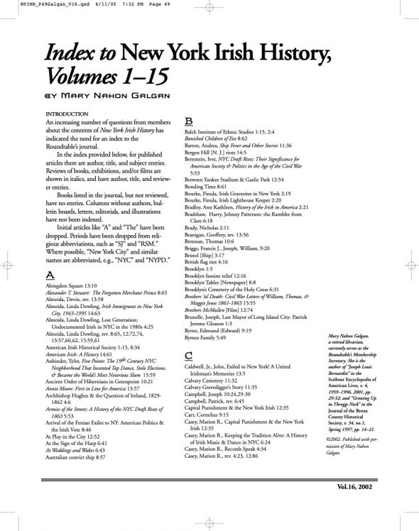 Page 1 of article: " Index to New York Irish History, Vol. 1–15", from Volume V16 of the New York Irish History Roundtable Journal