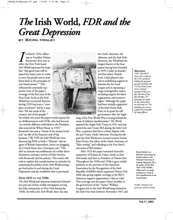 Page 1 of article: " The Irish World, FDR and the Great Depression", from Volume V17 of the New York Irish History Roundtable Journal