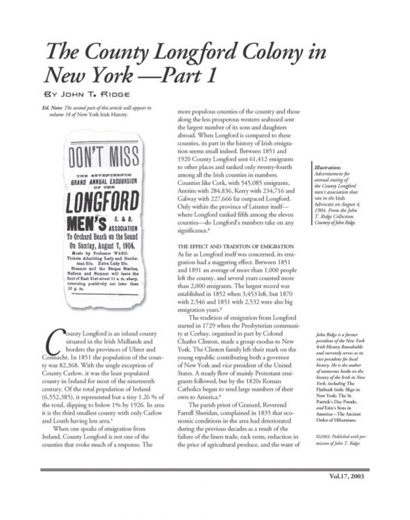 Page 1 of article: " The County Longford Colony in New York—Part 1", from Volume V17 of the New York Irish History Roundtable Journal