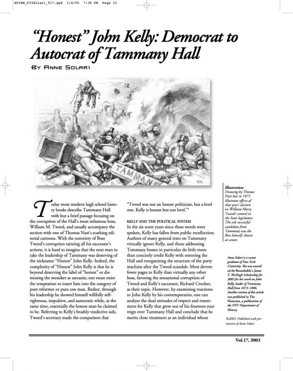 Page 1 of article: " Honest John Kelly - Democrat to Autocrat of Tammany Hall", from Volume V17 of the New York Irish History Roundtable Journal