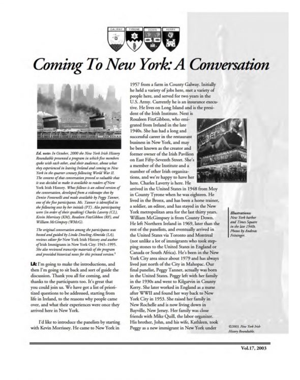 Page 1 of article: " Coming to New York - A Conversation", from Volume V17 of the New York Irish History Roundtable Journal