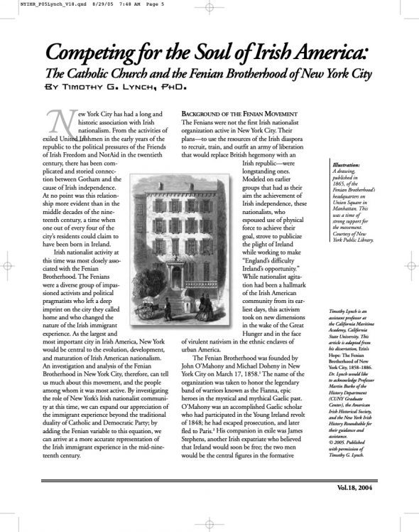 Page 1 of article: " Competing for the Soul of Irish America - The Catholic Church and the Fenian Brotherhood of New York City", from Volume V18 of the New York Irish History Roundtable Journal