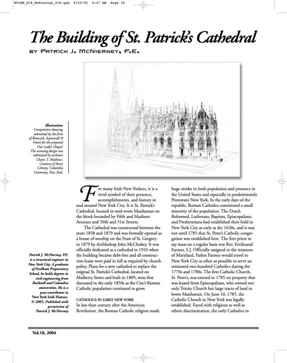 Page 1 of article: " The Building of St. Patrick’s Cathedral", from Volume V18 of the New York Irish History Roundtable Journal