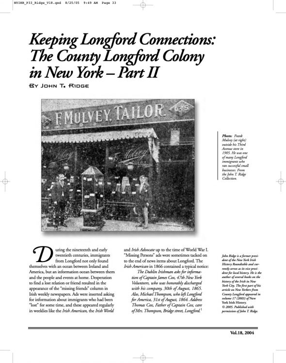 Page 1 of article: " Keeping Longford Connections - The County Longford Colony in New York, Part II", from Volume V18 of the New York Irish History Roundtable Journal