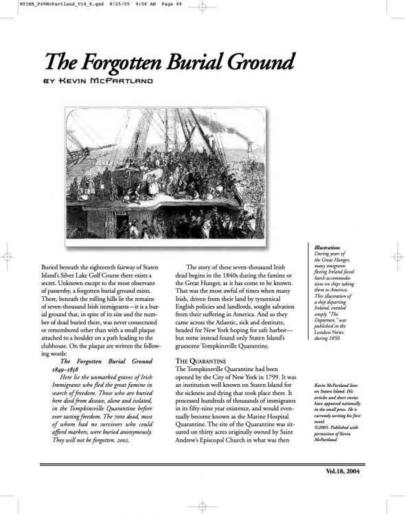 Page 1 of article: " The Forgotten Burial Ground", from Volume V18 of the New York Irish History Roundtable Journal