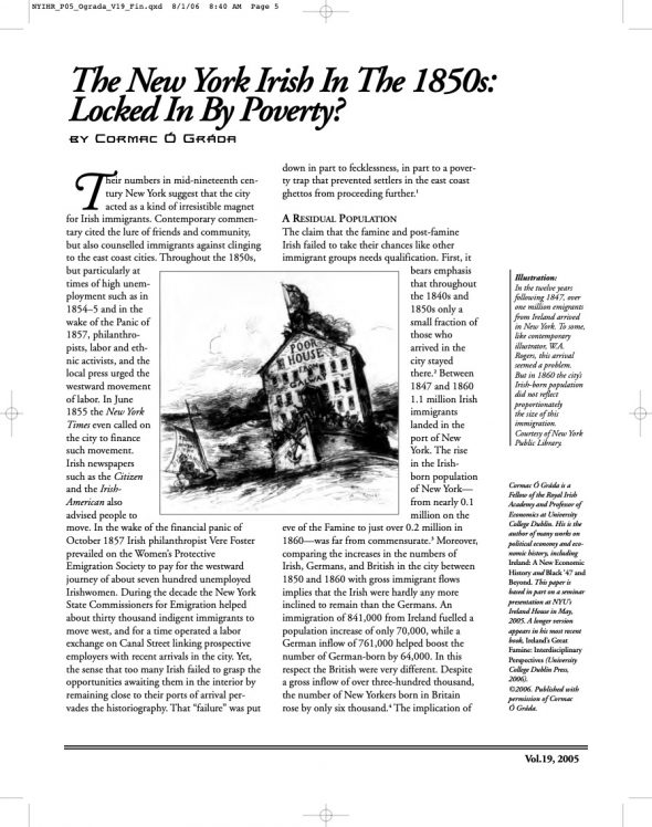 Page 1 of article: " The New York Irish In The 1850s - Locked In By Poverty?", from Volume V19 of the New York Irish History Roundtable Journal