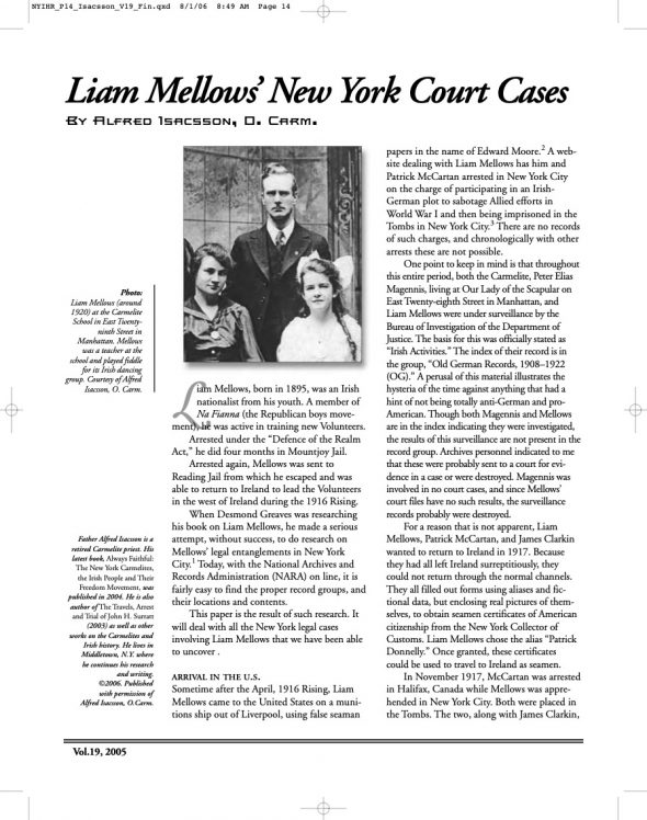 Page 1 of article: " Liam Mellows’ New York Court Cases", from Volume V19 of the New York Irish History Roundtable Journal