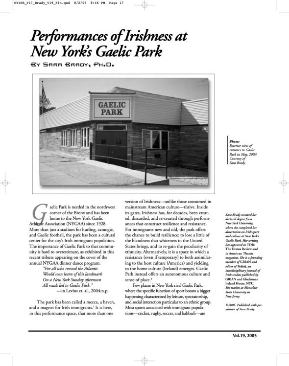 Page 1 of article: " Performances of Irishness at New York’s Gaelic Park", from Volume V19 of the New York Irish History Roundtable Journal