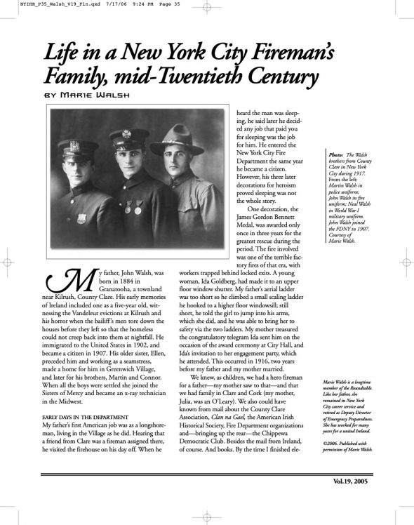 Page 1 of article: " Life in a New York City Fireman’s Family, mid-Twentieth Century", from Volume V19 of the New York Irish History Roundtable Journal