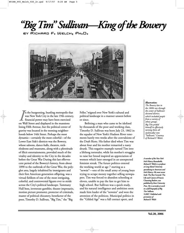 Page 1 of article: " Big Tim Sullivan—King of the Bowery", from Volume V20 of the New York Irish History Roundtable Journal
