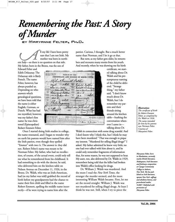 Page 1 of article: " Remembering the Past - A Story of Murder", from Volume V20 of the New York Irish History Roundtable Journal
