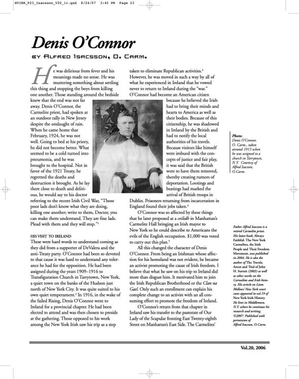 Page 1 of article: " Denis O’Connor", from Volume V20 of the New York Irish History Roundtable Journal