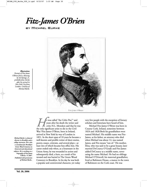 Page 1 of article: " Fitz-James O’Brien", from Volume V20 of the New York Irish History Roundtable Journal