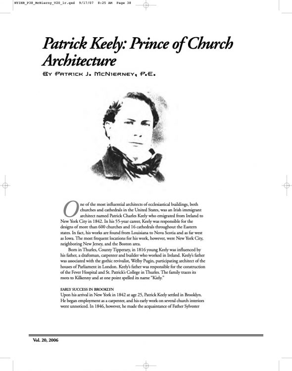 Page 1 of article: " Patrick Keely - Prince of Church Architecture", from Volume V20 of the New York Irish History Roundtable Journal