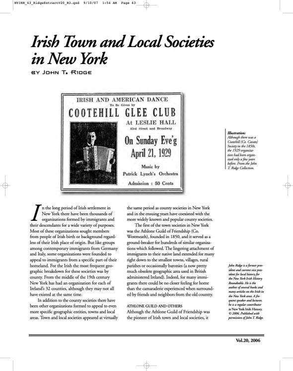 Page 1 of article: " Irish Town and Local Societies in New York", from Volume V20 of the New York Irish History Roundtable Journal