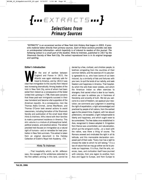 Page 1 of article: " Extracts—Selections from Primary Sources", from Volume V20 of the New York Irish History Roundtable Journal