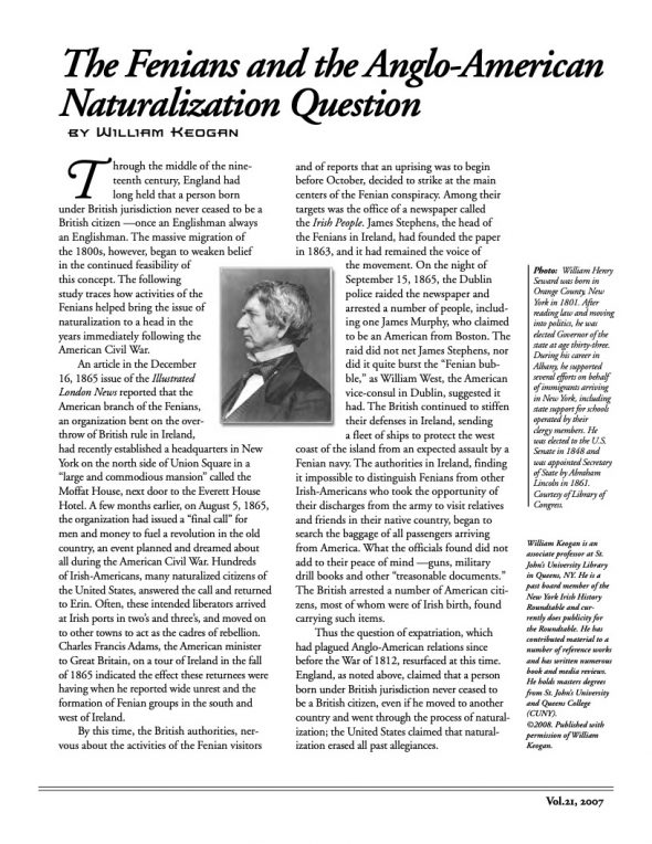 Page 1 of article: " The Fenians and the Anglo-American Naturalization Question", from Volume V21 of the New York Irish History Roundtable Journal