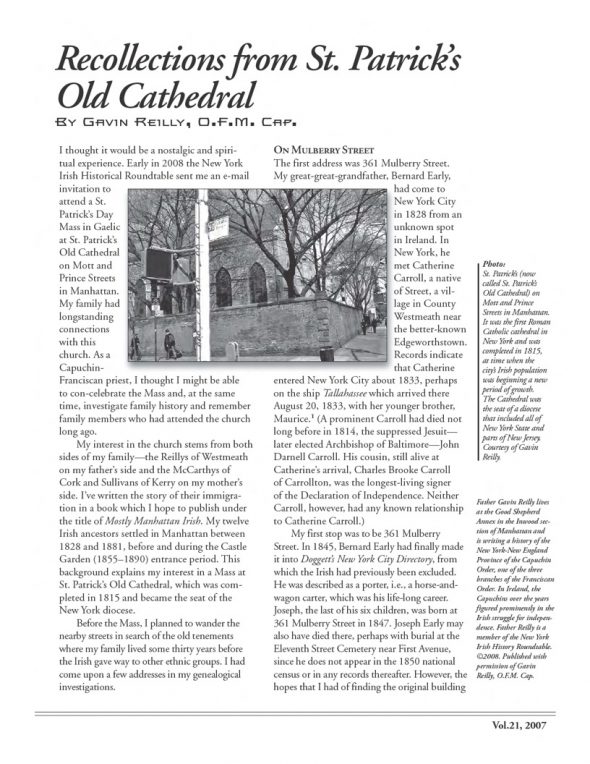 Page 1 of article: " Recollections from St. Patricks Old Cathedral", from Volume V21 of the New York Irish History Roundtable Journal