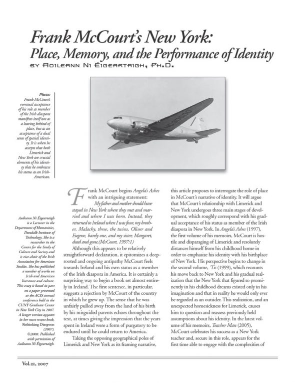 Page 1 of article: " Frank McCourts New York - Place, Memory, and the Performance of Identity", from Volume V21 of the New York Irish History Roundtable Journal