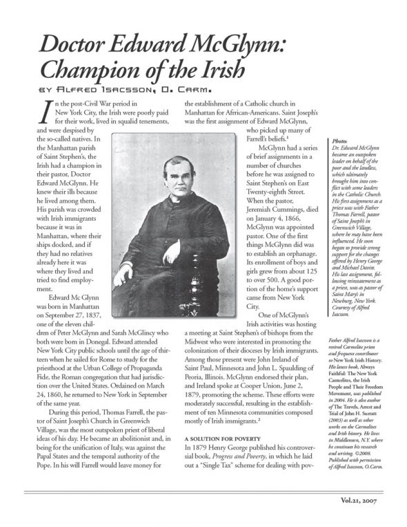 Page 1 of article: " Doctor Edward McGlynn - Champion of the Irish", from Volume V21 of the New York Irish History Roundtable Journal