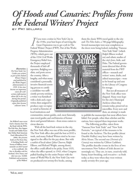 Page 1 of article: " Of Hoods and Canaries", from Volume V21 of the New York Irish History Roundtable Journal