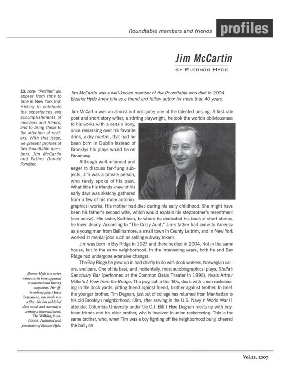 Page 1 of article: " Profiles, of Jim McCartin and Father Donald Forrester", from Volume V21 of the New York Irish History Roundtable Journal