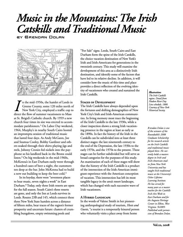 Page 1 of article: " Music in the Mountains - The Irish Catskills and Traditional Music", from Volume V22 of the New York Irish History Roundtable Journal