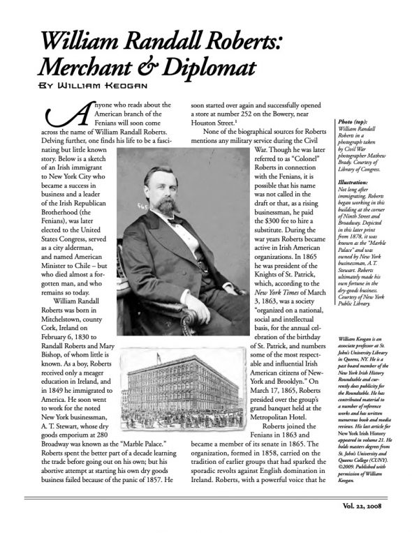Page 1 of article: " William Randall Roberts - Merchant and Diplomat", from Volume V22 of the New York Irish History Roundtable Journal