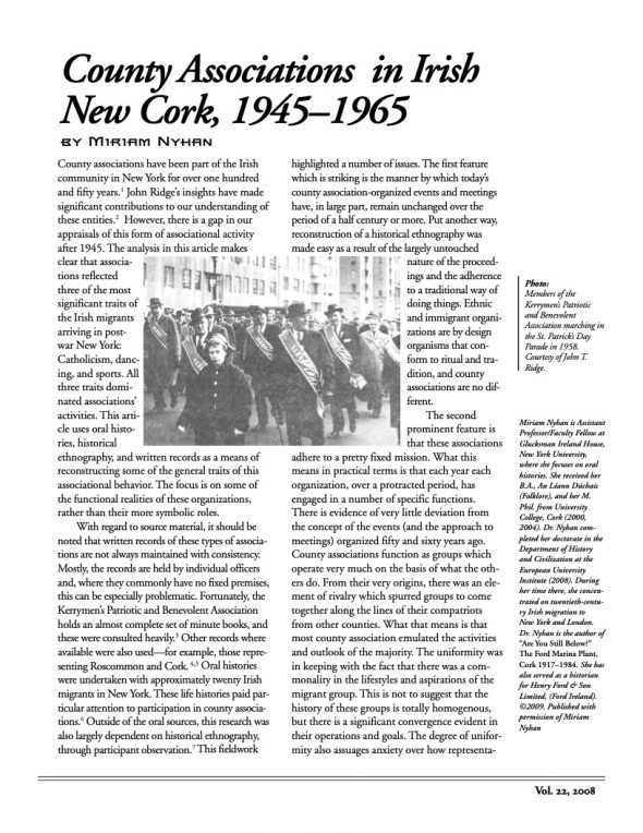 Page 1 of article: " County Associations in Irish New York, 1945–1965", from Volume V22 of the New York Irish History Roundtable Journal