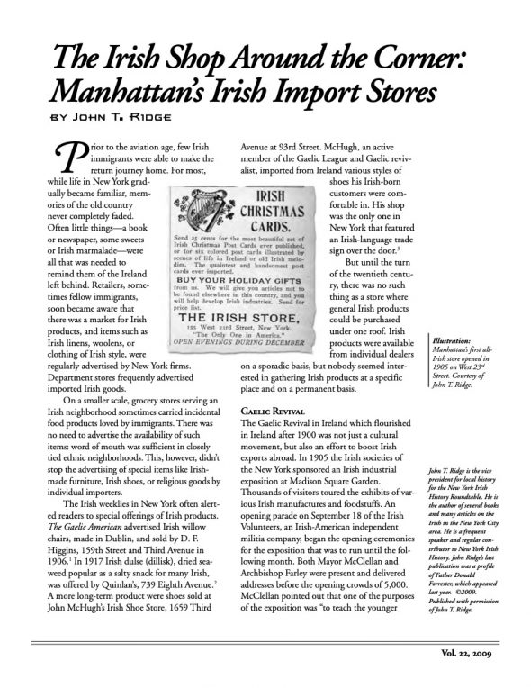 Page 1 of article: " The Irish Shop Around the Corner - Manhattans Irish Import Stores", from Volume V22 of the New York Irish History Roundtable Journal