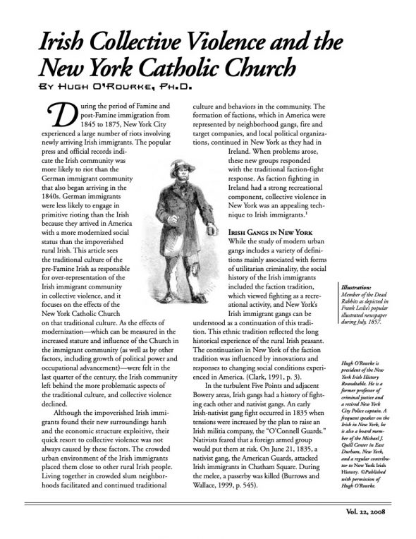 Page 1 of article: " Irish Collective Violence and the New York Catholic Church", from Volume V22 of the New York Irish History Roundtable Journal