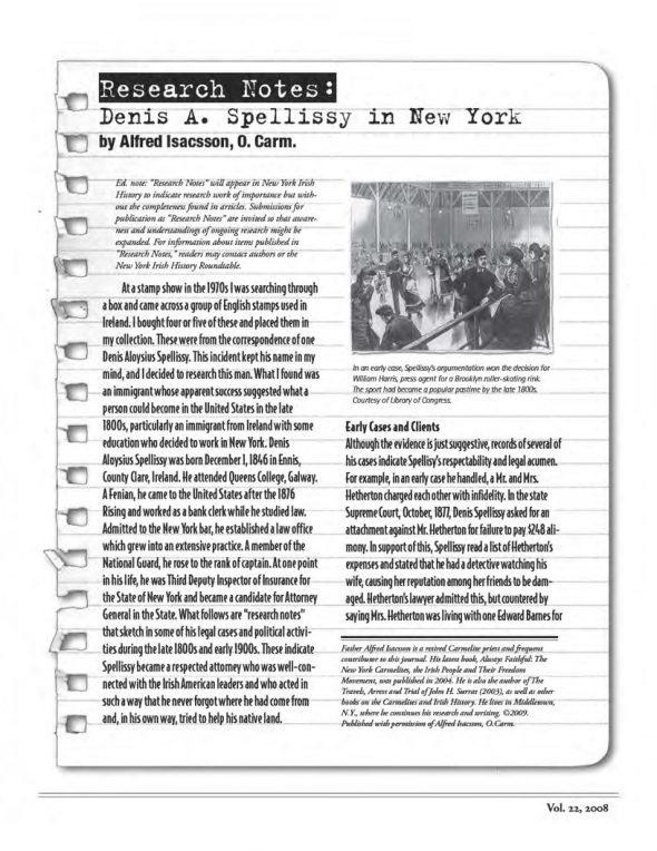 Page 1 of article: " Research Notes -Dennis A. Spellissy in New York", from Volume V22 of the New York Irish History Roundtable Journal