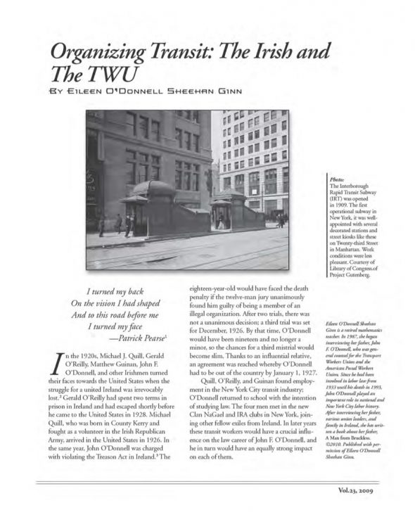 Page 1 of article: " Organizing Transit - The Irish and the TWU", from Volume V23 of the New York Irish History Roundtable Journal
