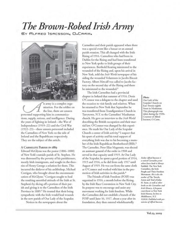 Page 1 of article: " The Brown-Robed Army", from Volume V23 of the New York Irish History Roundtable Journal