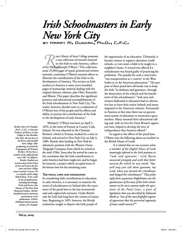 Page 1 of article: " Irish Schoolmasters in Early New York City", from Volume V23 of the New York Irish History Roundtable Journal