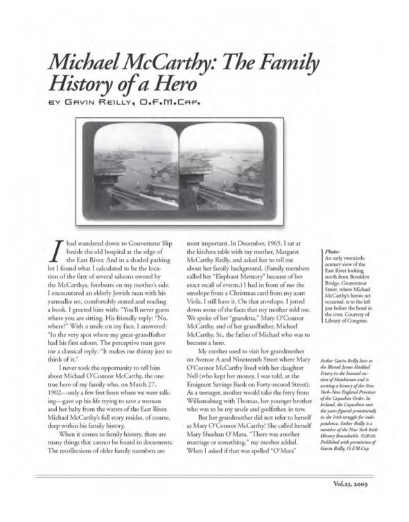 Page 1 of article: " Michael McCarthy - The Family History of a Hero", from Volume V23 of the New York Irish History Roundtable Journal