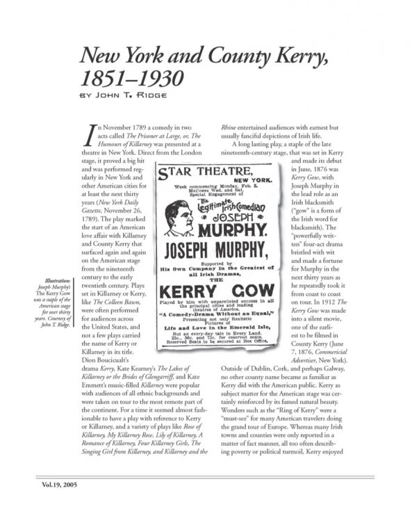Page 1 of article: " New York and County Kerry, 1851–1930", from Volume V23 of the New York Irish History Roundtable Journal
