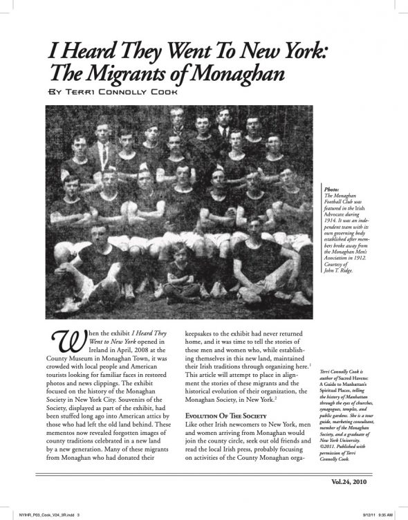 Page 1 of article: " I Heard They Went to New York - The Migrants of Monaghan", from Volume V24 of the New York Irish History Roundtable Journal