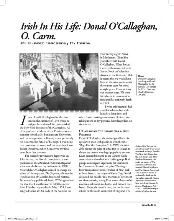 Page 1 of article: " Irish in His Life - Donal OCallaghan", from Volume V24 of the New York Irish History Roundtable Journal
