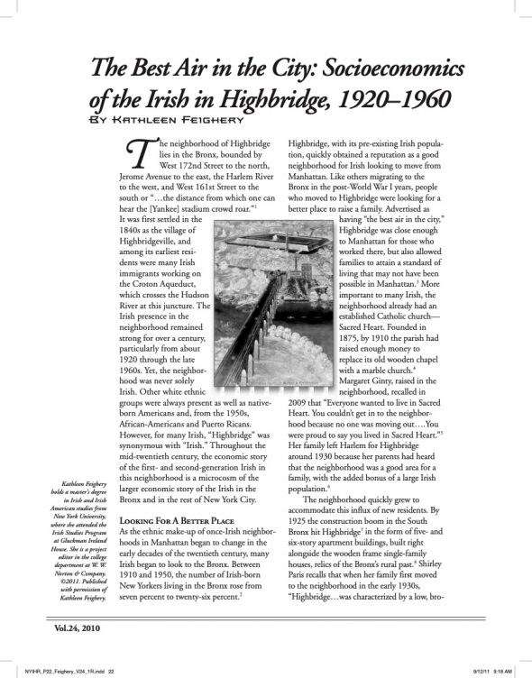 Page 1 of article: " The Best Air in the City - Socioeconomics of the Irish in Highbridge", from Volume V24 of the New York Irish History Roundtable Journal