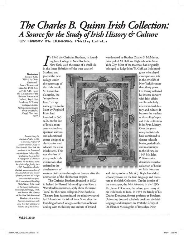 Page 1 of article: " The Charles B. Quinn Collection - A Source for the Study of Irish History and Irish Culture", from Volume V24 of the New York Irish History Roundtable Journal