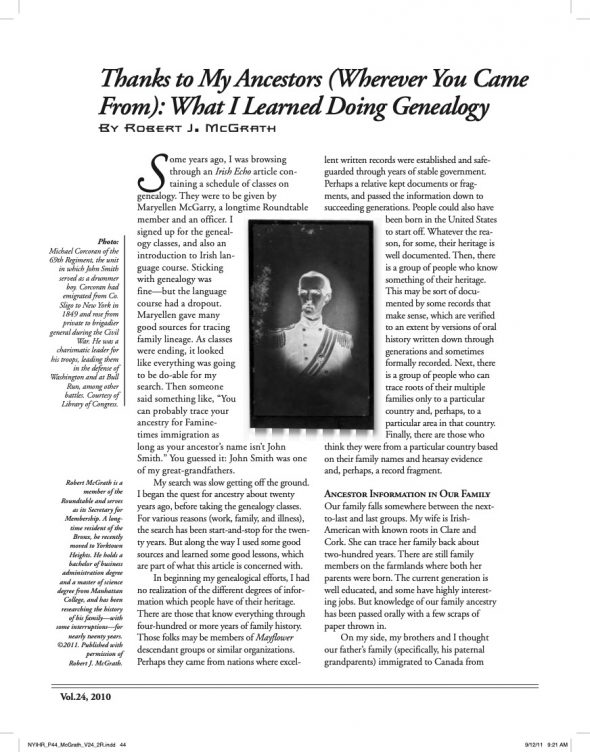 Page 1 of article: " Thanks to My Ancestors (Wherever You Came From) - What I Learned Doing Genealogy", from Volume V24 of the New York Irish History Roundtable Journal