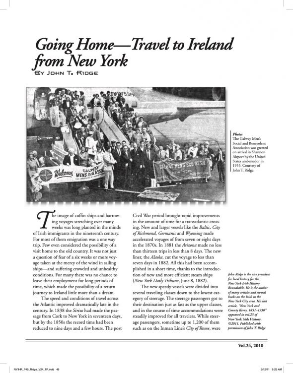 Page 1 of article: " Going Home—Travel to Ireland from New York", from Volume V24 of the New York Irish History Roundtable Journal