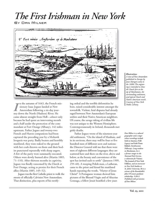 Page 1 of article: " The First Irishman in New York", from Volume V25 of the New York Irish History Roundtable Journal
